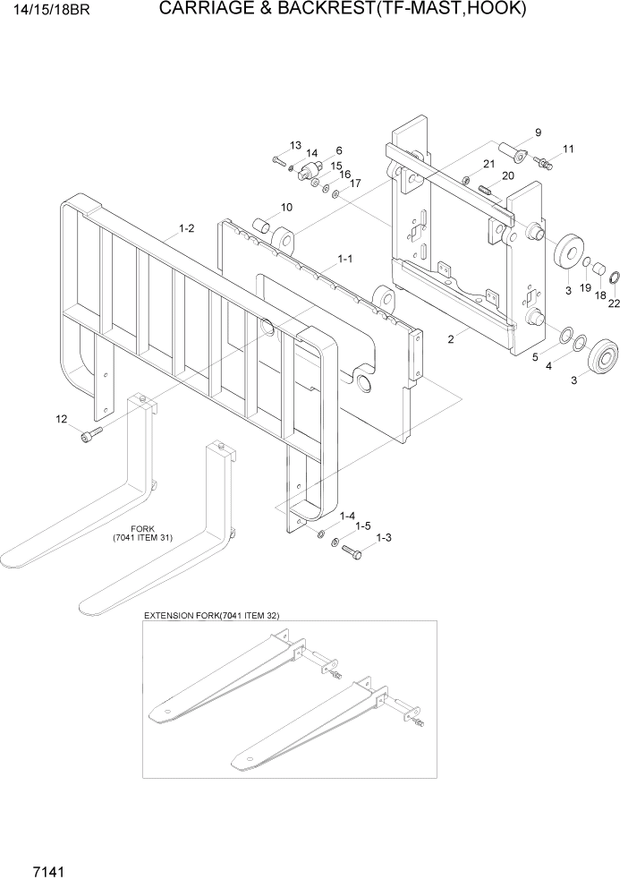 Схема запчастей Hyundai 14/15/18BR - PAGE 7141 CARR & BACKREST(TF-MAST,HOOK) РАБОЧЕЕ ОБОРУДОВАНИЕ