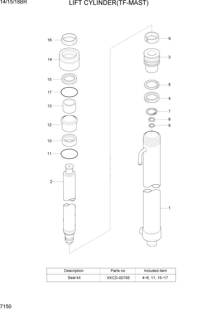 Схема запчастей Hyundai 14/15/18BR - PAGE 7150 LIFT CYLINDER(TF-MAST) РАБОЧЕЕ ОБОРУДОВАНИЕ