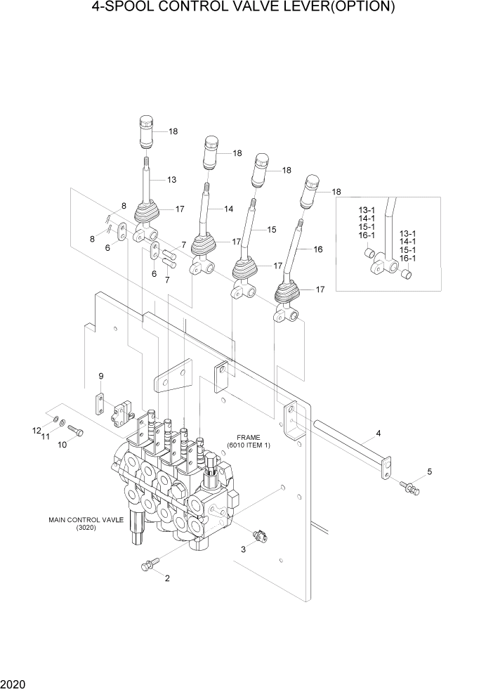 Схема запчастей Hyundai HBR14/HBR15/HBR18-7 - PAGE 2020 4-SPOOL CONTROL VALVE LEVER(OPTION) ГИДРАВЛИЧЕСКАЯ СИСТЕМА