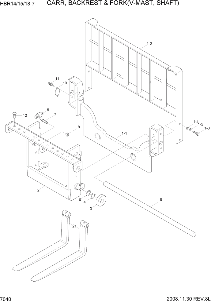 Схема запчастей Hyundai HBR14/HBR15/HBR18-7 - PAGE 7040 CARR,BACKREST & FORK(V-MAST,SHAFT) РАБОЧЕЕ ОБОРУДОВАНИЕ