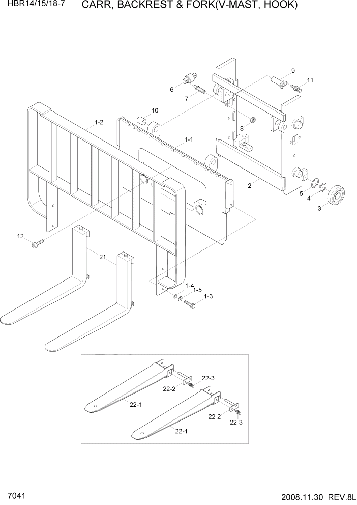 Схема запчастей Hyundai HBR14/HBR15/HBR18-7 - PAGE 7041 CARR,BACKREST & FORK(V-MAST,HOOK) РАБОЧЕЕ ОБОРУДОВАНИЕ