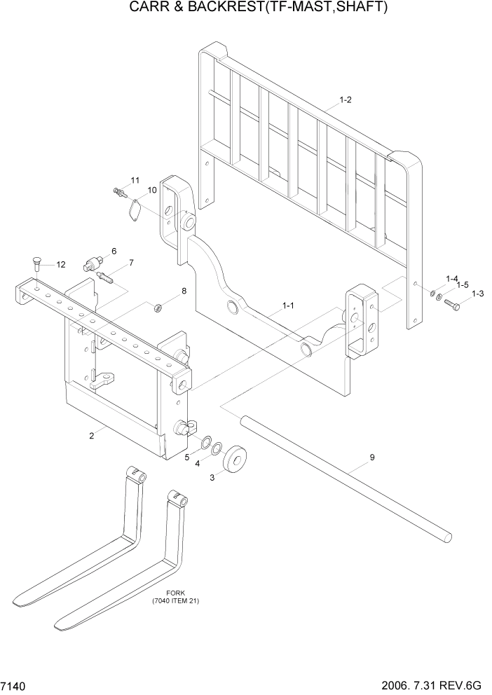 Схема запчастей Hyundai HBR14/HBR15/HBR18-7 - PAGE 7140 CARR & BACKREST(TF-MAST,SHAFT) РАБОЧЕЕ ОБОРУДОВАНИЕ