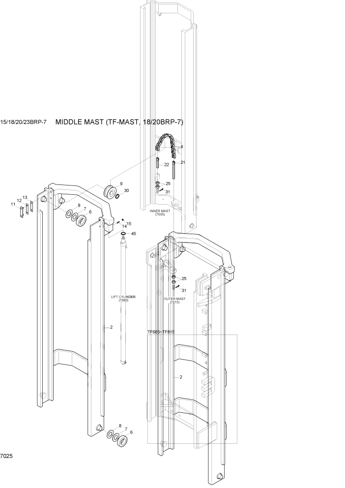 Схема запчастей Hyundai 15/18/20/23BRP-7 - PAGE 7025 MIDDLE MAST (TF-MAST, 18/20BRP-7) РАБОЧЕЕ ОБОРУДОВАНИЕ