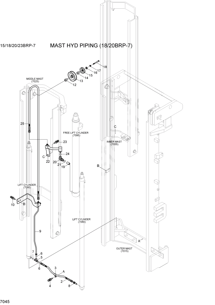 Схема запчастей Hyundai 15/18/20/23BRP-7 - PAGE 7045 MAST HYD PIPING (18/20BRP-7) РАБОЧЕЕ ОБОРУДОВАНИЕ