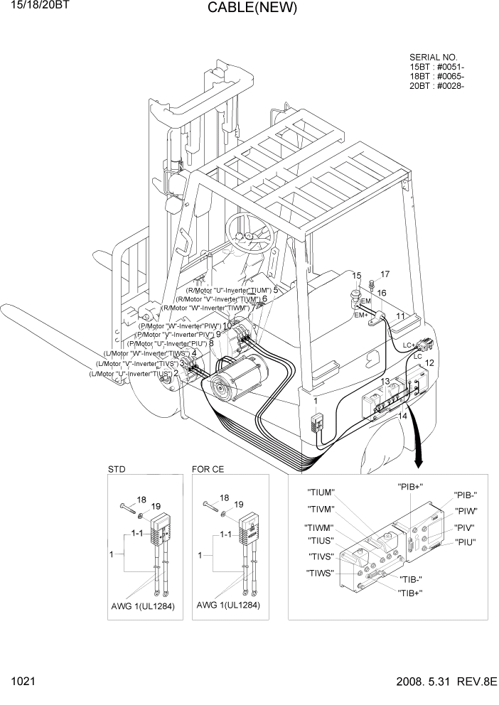 Схема запчастей Hyundai 15/18/20BT - PAGE 1021 CABLE(NEW) ЭЛЕКТРИЧЕСКАЯ СИСТЕМА