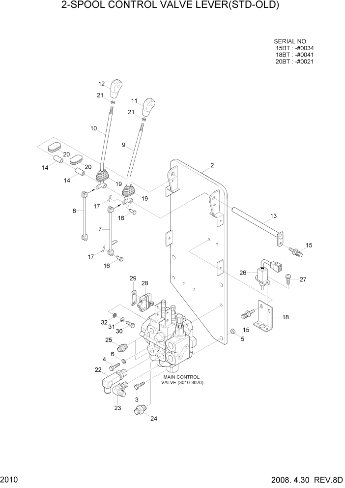 Схема запчастей Hyundai 15/18/20BT - PAGE 2010 2-SPOOL CONTROL VALVE LEVER(STD-OLD) ГИДРАВЛИЧЕСКАЯ СИСТЕМА