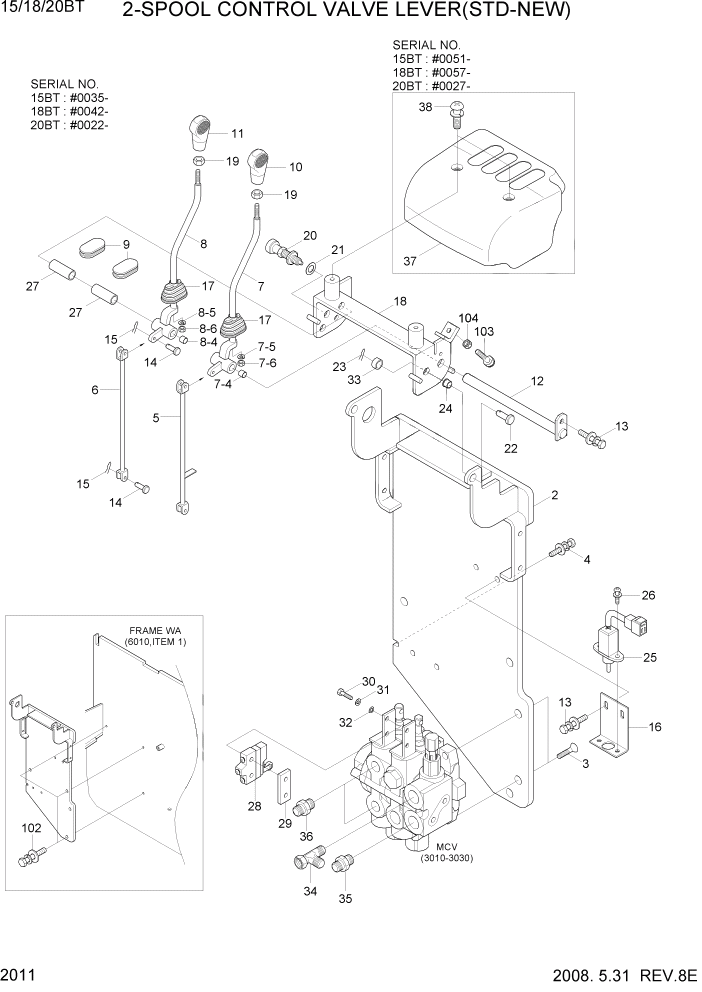 Схема запчастей Hyundai 15/18/20BT - PAGE 2011 2-SPOOL CONTROL VALVE LEVER(STD-NEW) ГИДРАВЛИЧЕСКАЯ СИСТЕМА