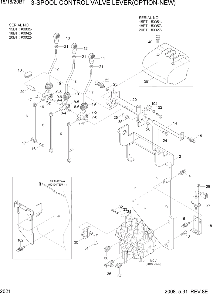 Схема запчастей Hyundai 15/18/20BT - PAGE 2021 3-SPOOL CONTROL VALVE LEVER(OPTION-NEW) ГИДРАВЛИЧЕСКАЯ СИСТЕМА