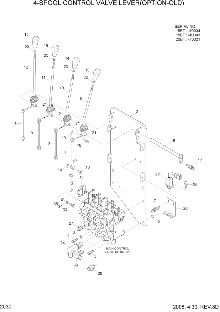 Схема запчастей Hyundai 15/18/20BT - PAGE 2030 4-SPOOL CONTROL VALVE LEVER(OPTION-OLD) ГИДРАВЛИЧЕСКАЯ СИСТЕМА