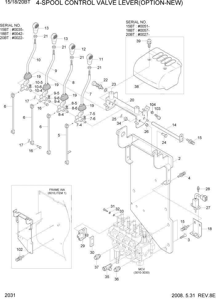 Схема запчастей Hyundai 15/18/20BT - PAGE 2031 4-SPOOL CONTROL VALVE LEVER(OPTION-NEW) ГИДРАВЛИЧЕСКАЯ СИСТЕМА