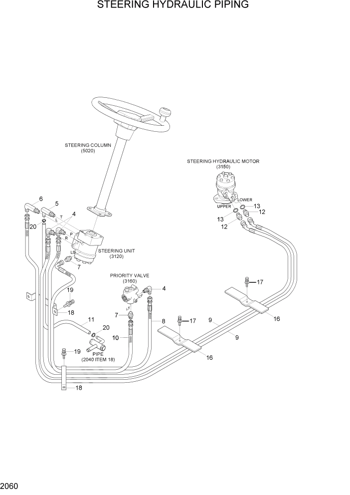 Схема запчастей Hyundai 15/18/20BT - PAGE 2060 STEERING HYDRAULIC PIPING ГИДРАВЛИЧЕСКАЯ СИСТЕМА