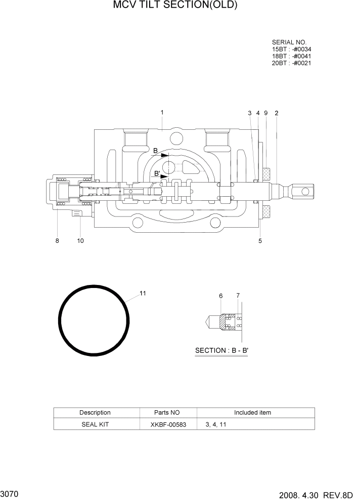 Схема запчастей Hyundai 15/18/20BT - PAGE 3070 MCV TILT SECTION(OLD) ГИДРАВЛИЧЕСКИЕ КОМПОНЕНТЫ