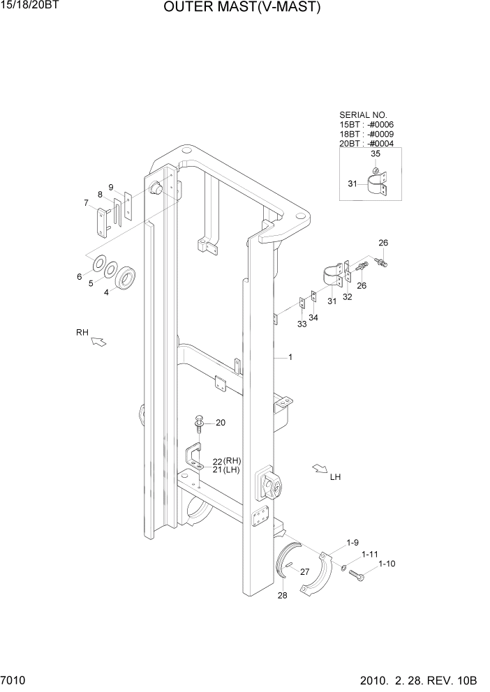 Схема запчастей Hyundai 15/18/20BT - PAGE 7010 OUTER MAST(V-MAST) РАБОЧЕЕ ОБОРУДОВАНИЕ