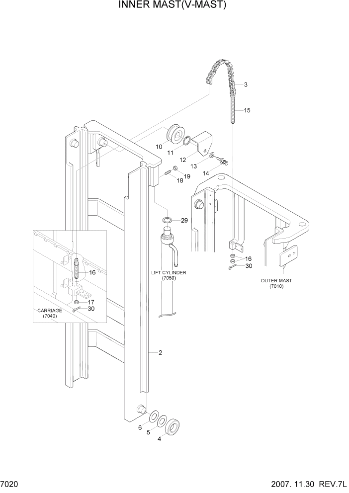 Схема запчастей Hyundai 15/18/20BT - PAGE 7020 INNER MAST(V-MAST) РАБОЧЕЕ ОБОРУДОВАНИЕ