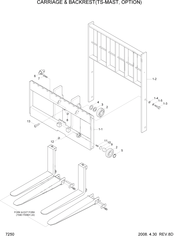 Схема запчастей Hyundai 15/18/20BT - PAGE 7250 CARRIAGE & BACKREST(TS-MAST, OPTION) РАБОЧЕЕ ОБОРУДОВАНИЕ