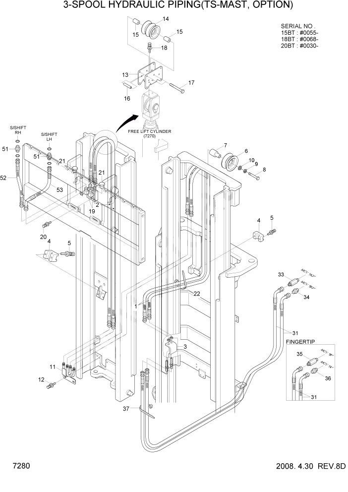 Схема запчастей Hyundai 15/18/20BT - PAGE 7280 3-SPOOL HYDRAULIC PIPING(TS-MAST,OPTION) РАБОЧЕЕ ОБОРУДОВАНИЕ