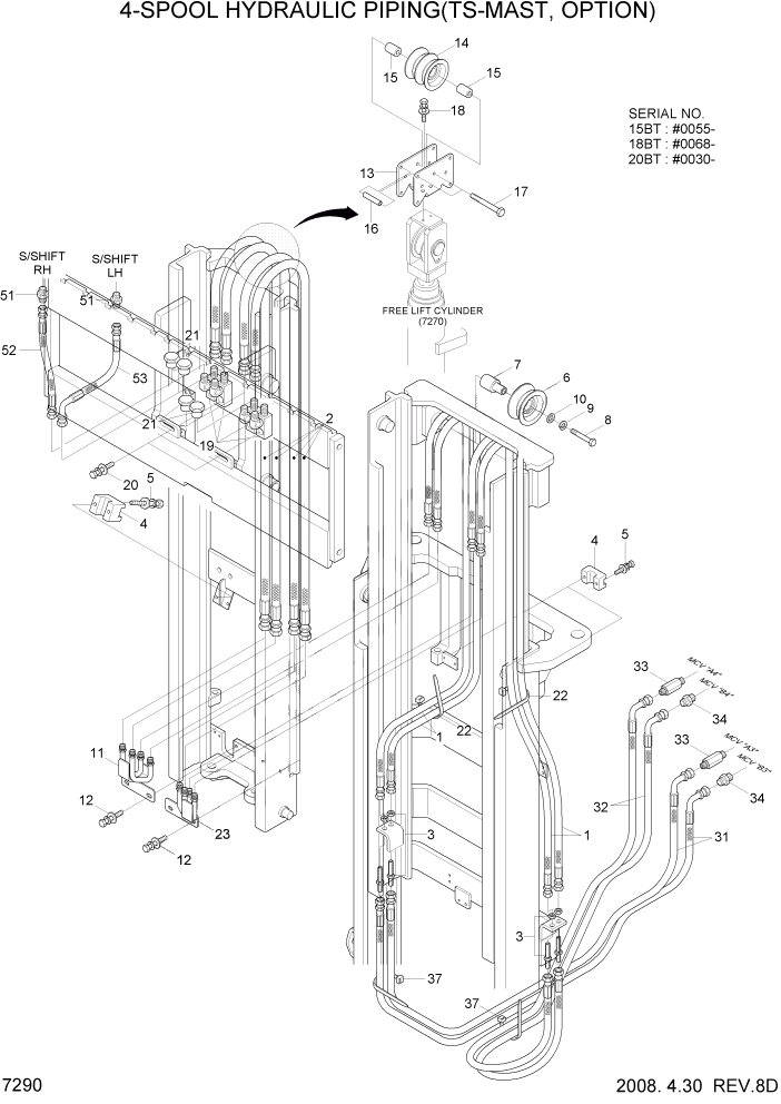 Схема запчастей Hyundai 15/18/20BT - PAGE 7290 4-SPOOL HYDRAULIC PIPING(TS-MAST,OPTION) РАБОЧЕЕ ОБОРУДОВАНИЕ