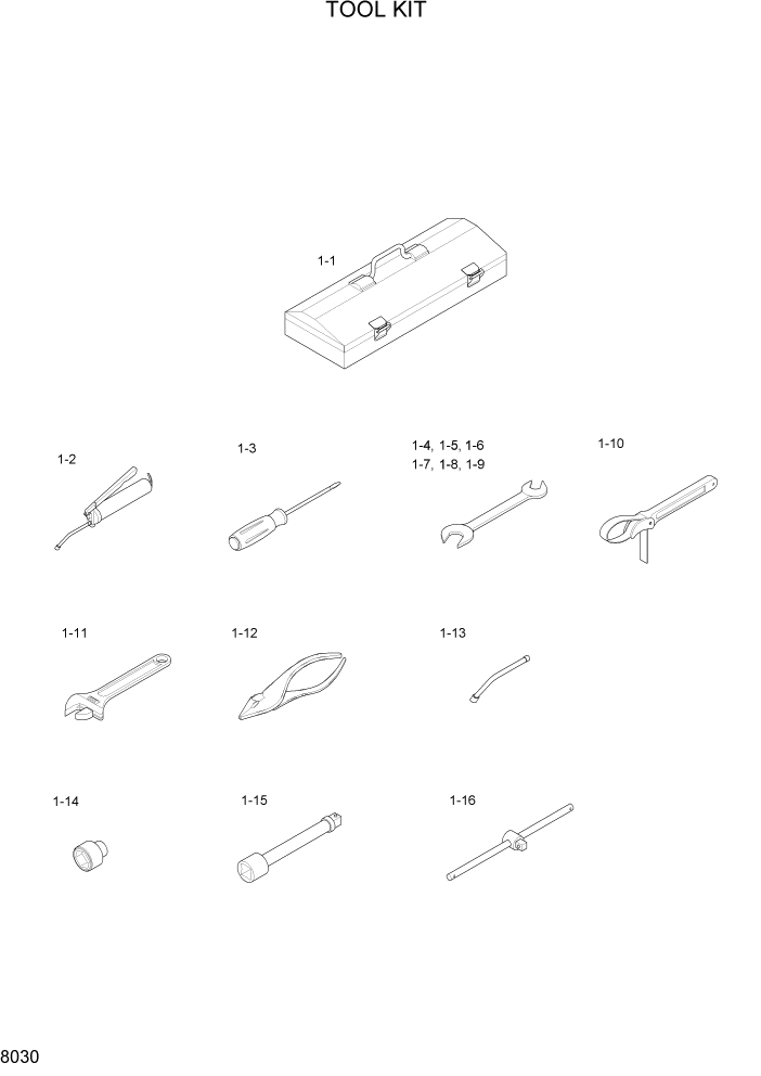 Схема запчастей Hyundai 15/18/20BT - PAGE 8030 TOOL KIT РУКОВОДСТВА И НАКЛЕЙКИ