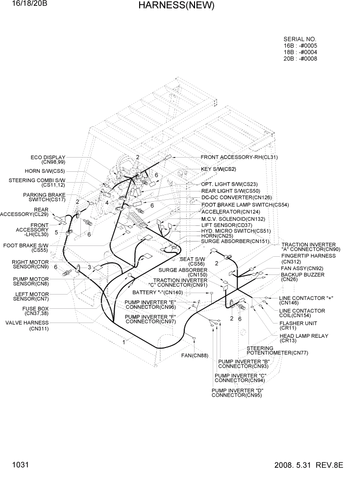 Схема запчастей Hyundai 16/18/20B-7 - PAGE 1031 HARNESS(NEW) ЭЛЕКТРИЧЕСКАЯ СИСТЕМА