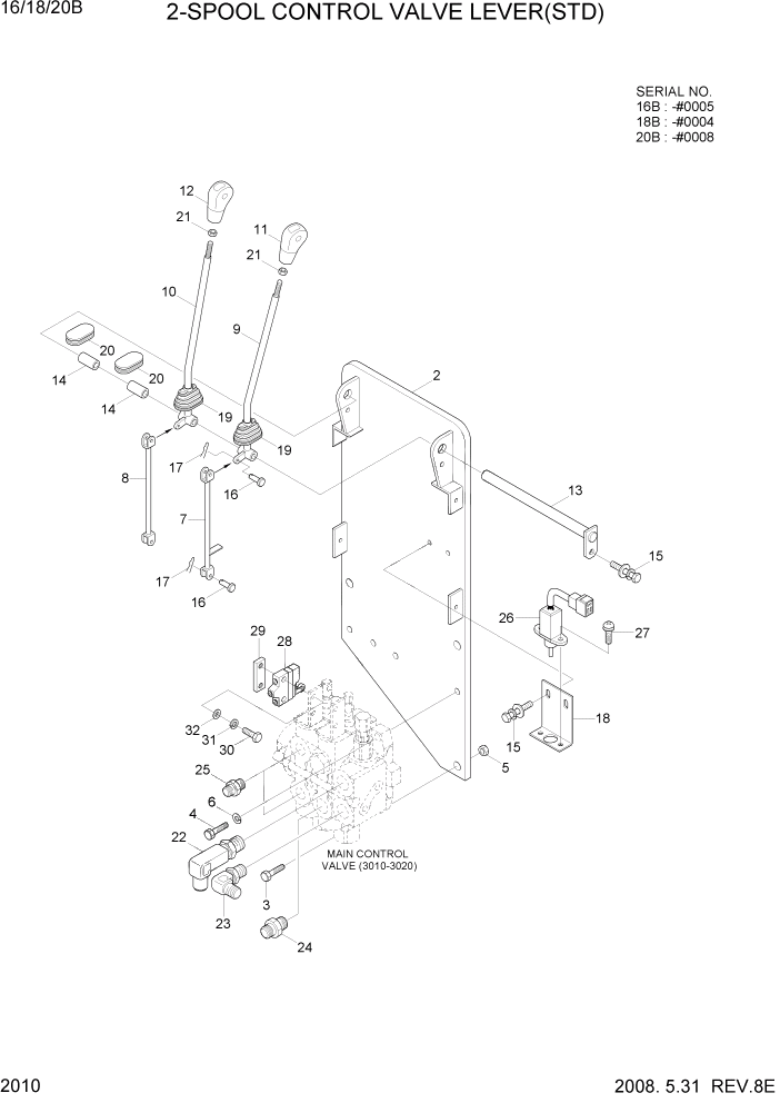 Схема запчастей Hyundai 16/18/20B-7 - PAGE 2010 2-SPOOL CONTROL VALVE LEVER(STD-OLD) ГИДРАВЛИЧЕСКАЯ СИСТЕМА