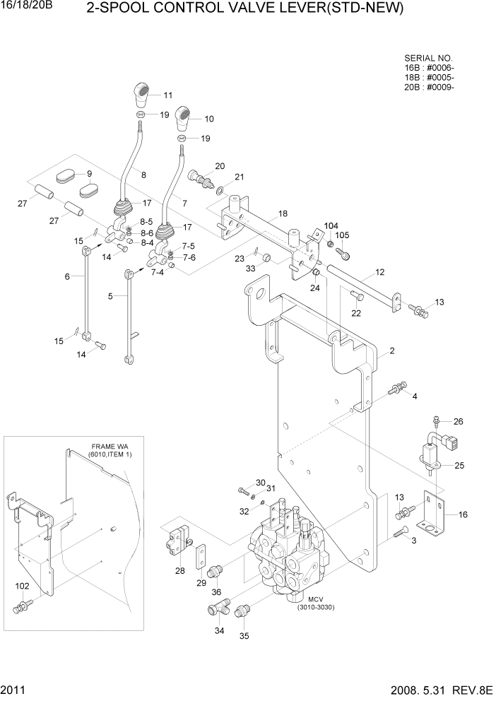 Схема запчастей Hyundai 16/18/20B-7 - PAGE 2011 2-SPOOL CONTROL VALVE LEVER(STD-NEW) ГИДРАВЛИЧЕСКАЯ СИСТЕМА