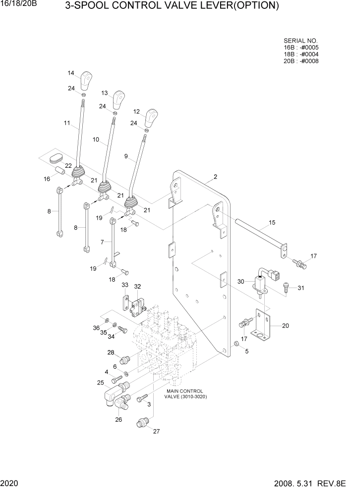 Схема запчастей Hyundai 16/18/20B-7 - PAGE 2020 3-SPOOL CONTROL VALVE LEVER(OPTION-OLD) ГИДРАВЛИЧЕСКАЯ СИСТЕМА