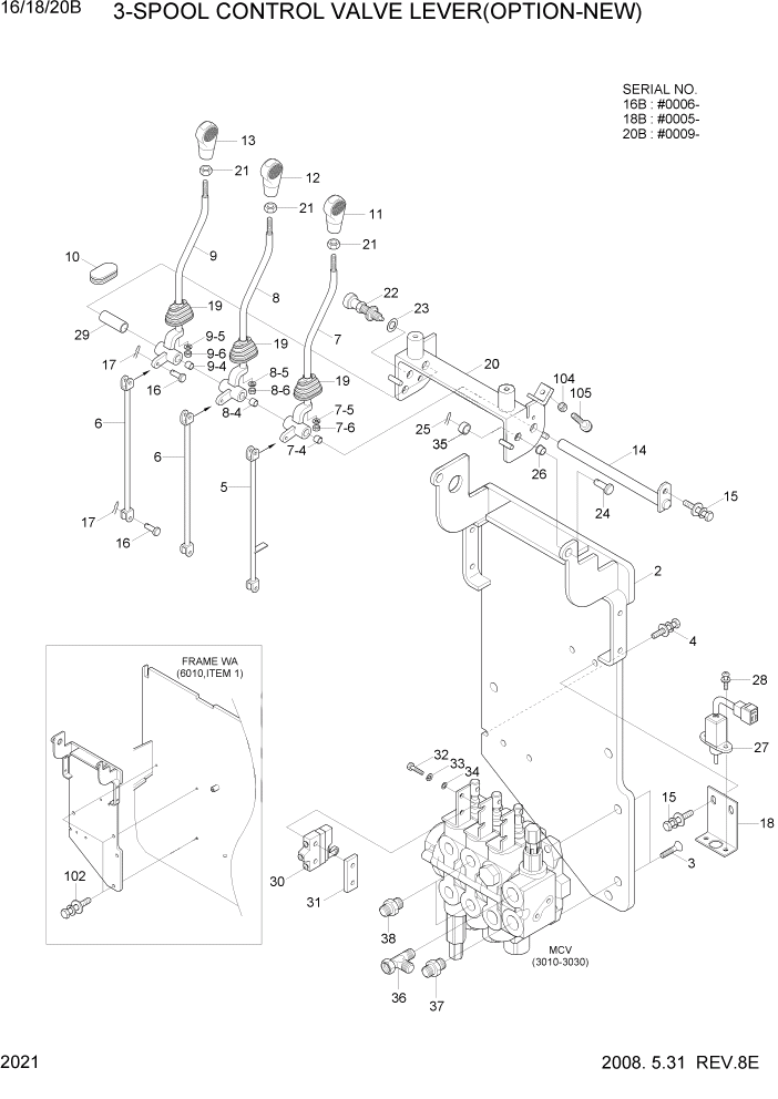 Схема запчастей Hyundai 16/18/20B-7 - PAGE 2021 3-SPOOL CONTROL VALVE LEVER(OPTION-NEW) ГИДРАВЛИЧЕСКАЯ СИСТЕМА