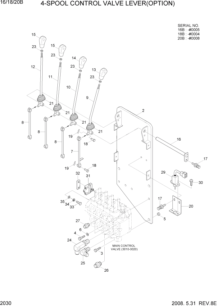 Схема запчастей Hyundai 16/18/20B-7 - PAGE 2030 4-SPOOL CONTROL VALVE LEVER(OPTION-OLD) ГИДРАВЛИЧЕСКАЯ СИСТЕМА