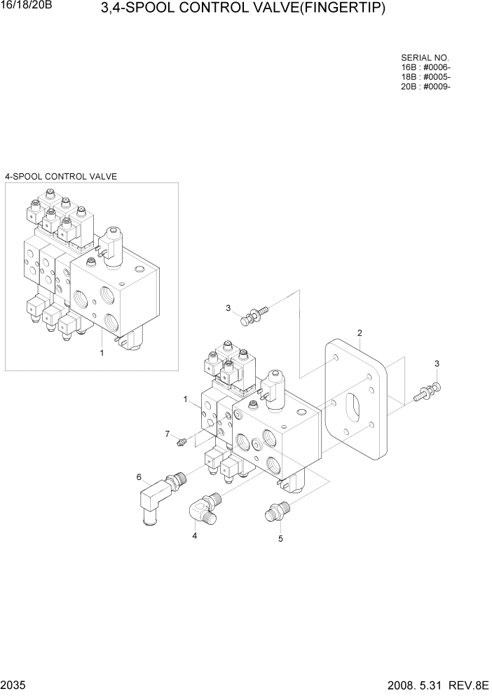 Схема запчастей Hyundai 16/18/20B-7 - PAGE 2035 3,4-SPOOL CONTROL VALVE(FINGERTIP) ГИДРАВЛИЧЕСКАЯ СИСТЕМА