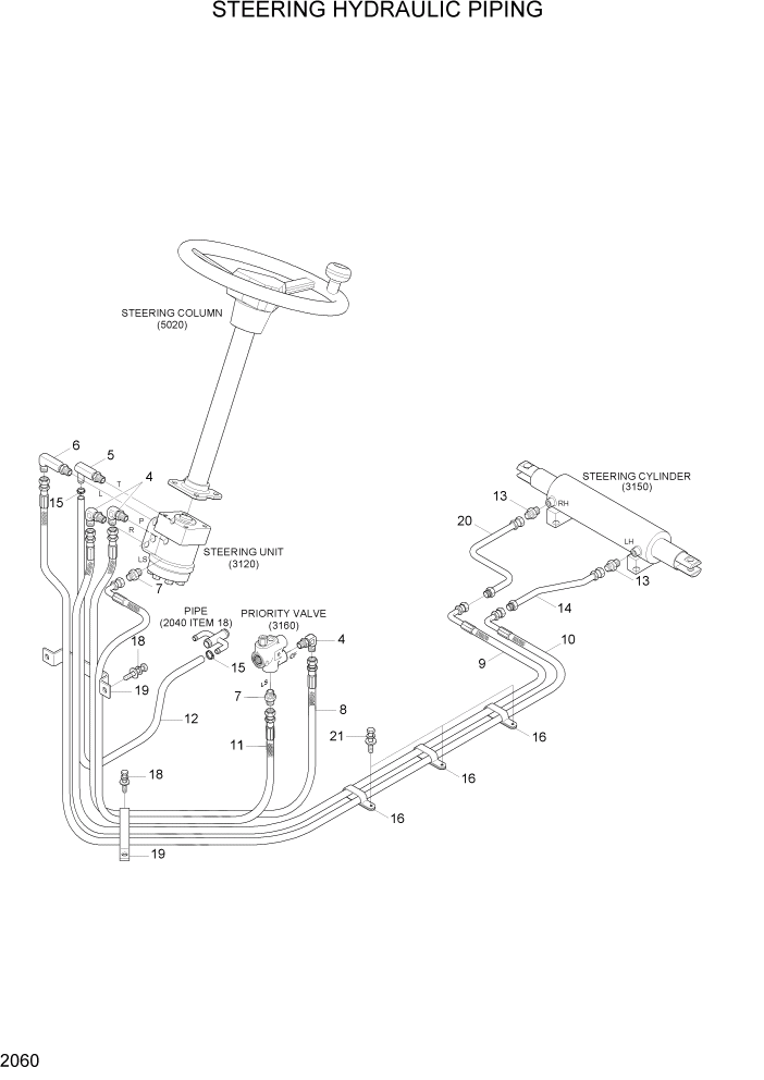 Схема запчастей Hyundai 16/18/20B-7 - PAGE 2060 STEERING HYDRAULIC PIPING ГИДРАВЛИЧЕСКАЯ СИСТЕМА