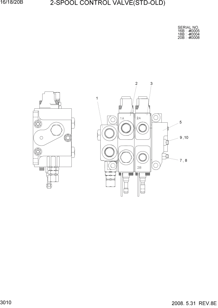 Схема запчастей Hyundai 16/18/20B-7 - PAGE 3010 2-SPOOL CONTROL VALVE(STD-OLD) ГИДРАВЛИЧЕСКИЕ КОМПОНЕНТЫ