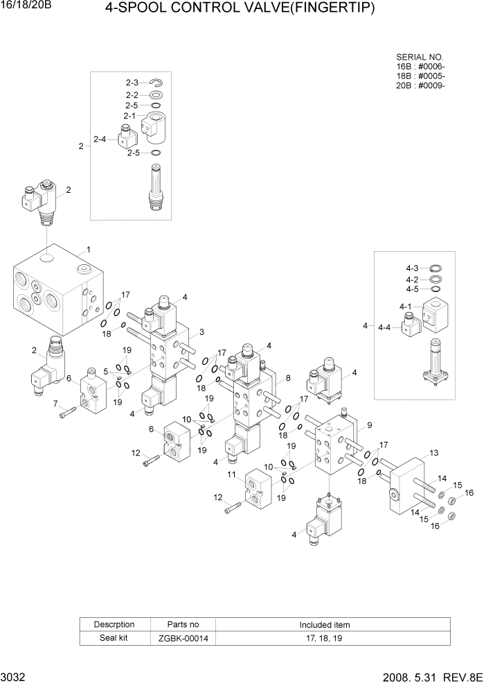 Схема запчастей Hyundai 16/18/20B-7 - PAGE 3032 4-SPOOL CONTROL VALVE(FINGERTIP) ГИДРАВЛИЧЕСКИЕ КОМПОНЕНТЫ