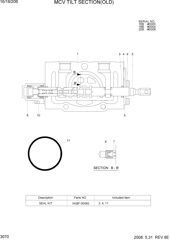 Схема запчастей Hyundai 16/18/20B-7 - PAGE 3070 MCV TILT SECTION(OLD) ГИДРАВЛИЧЕСКИЕ КОМПОНЕНТЫ