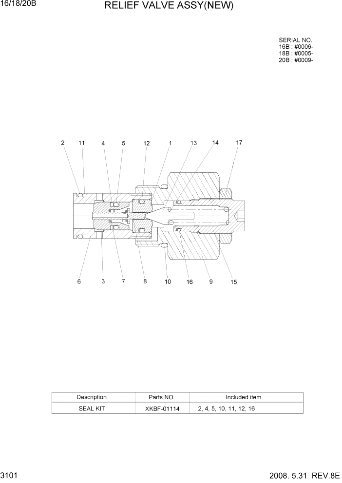 Схема запчастей Hyundai 16/18/20B-7 - PAGE 3101 RELIEF VALVE ASSY(NEW) ГИДРАВЛИЧЕСКИЕ КОМПОНЕНТЫ