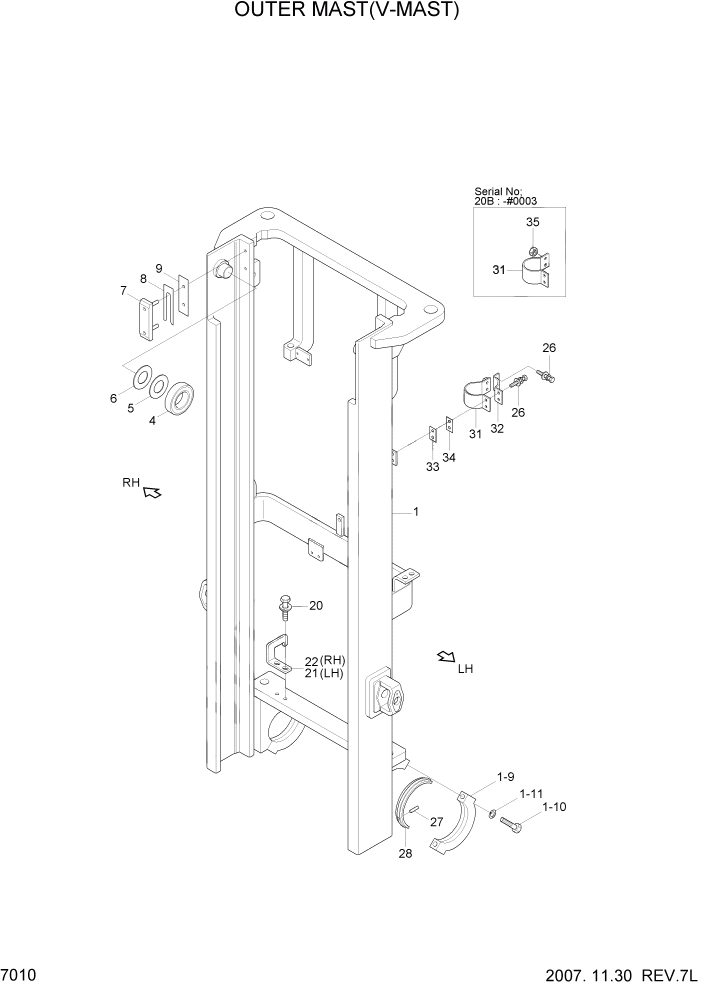 Схема запчастей Hyundai 16/18/20B-7 - PAGE 7010 OUTER MAST(V-MAST) РАБОЧЕЕ ОБОРУДОВАНИЕ