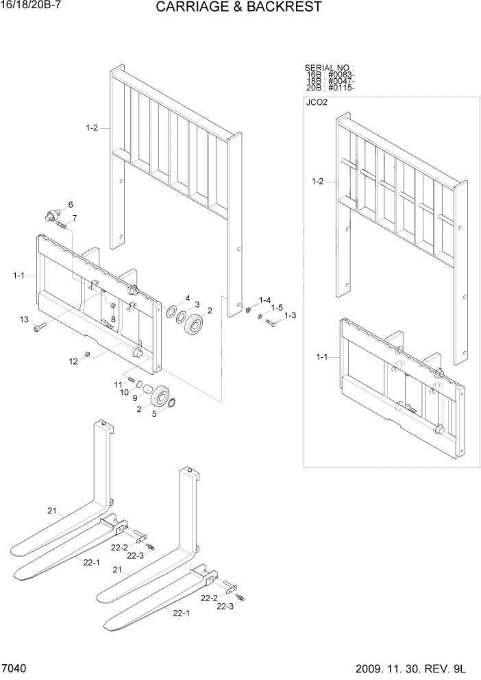 Схема запчастей Hyundai 16/18/20B-7 - PAGE 7040 CARRIAGE & BACKREST(V-MAST) РАБОЧЕЕ ОБОРУДОВАНИЕ