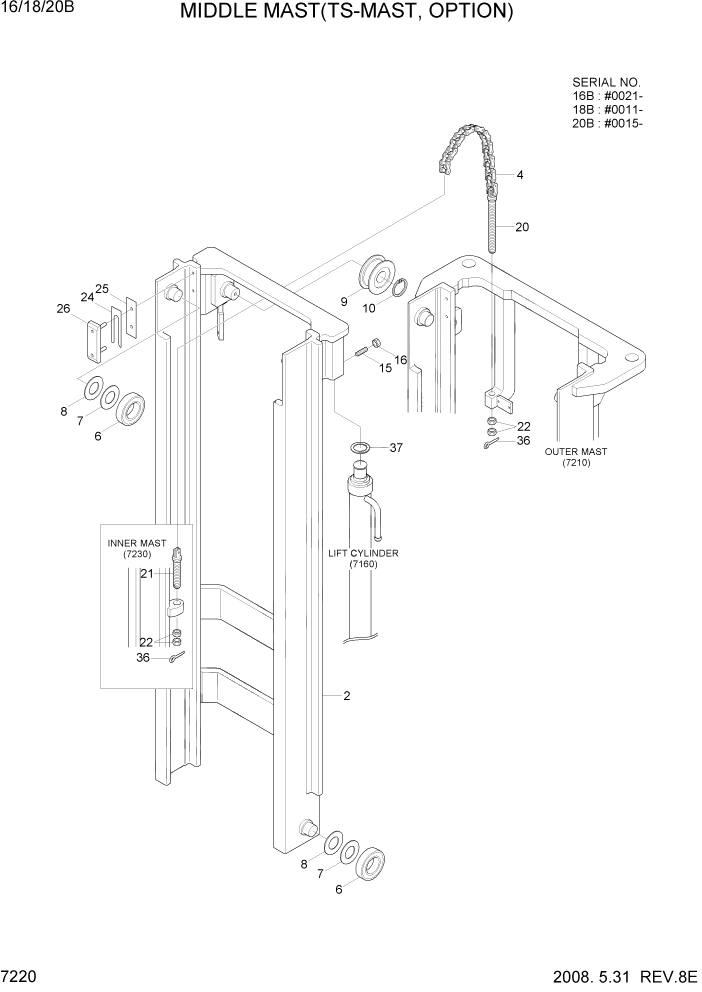 Схема запчастей Hyundai 16/18/20B-7 - PAGE 7220 MIDDLE MAST(TS-MAST, OPTION) РАБОЧЕЕ ОБОРУДОВАНИЕ