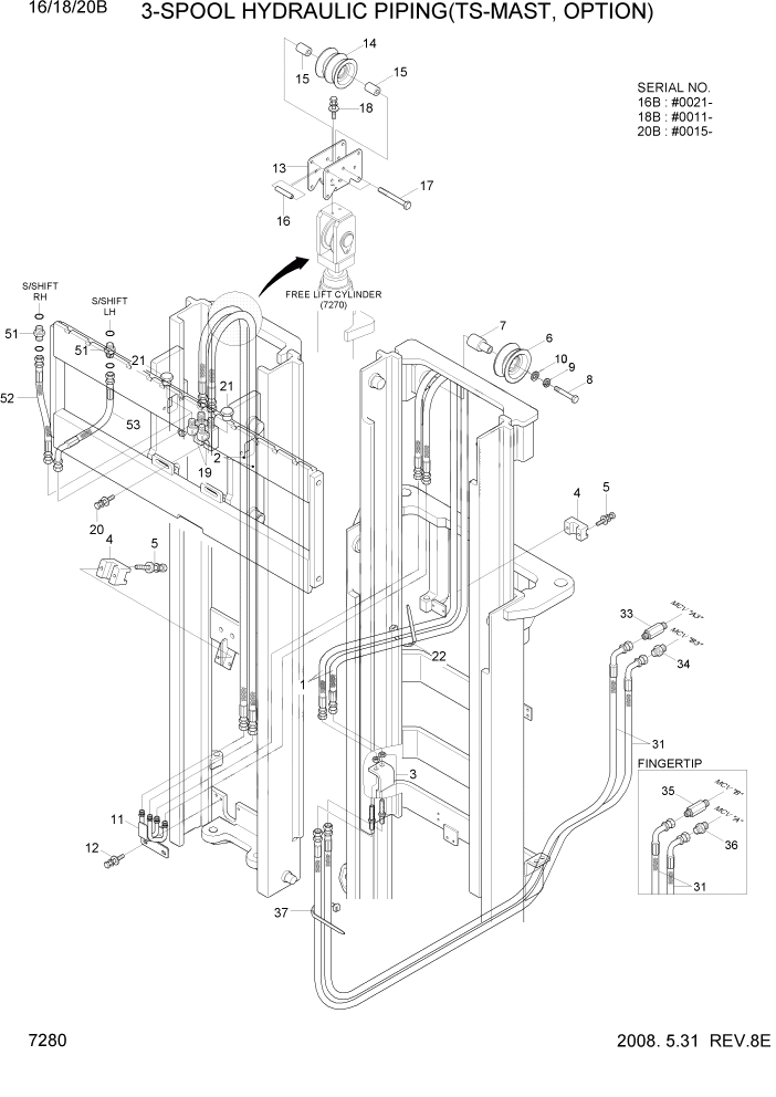 Схема запчастей Hyundai 16/18/20B-7 - PAGE 7280 3-SPOOL HYDRAULIC PIPING(TS-MAST,OPTION) РАБОЧЕЕ ОБОРУДОВАНИЕ