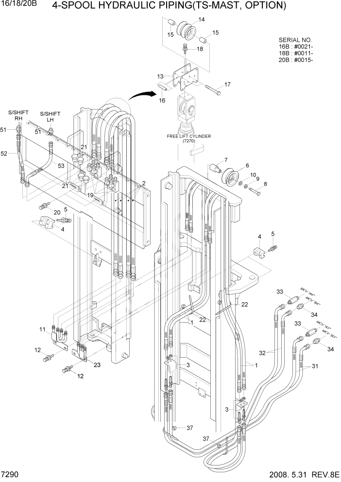 Схема запчастей Hyundai 16/18/20B-7 - PAGE 7290 4-SPOOL HYDRAULIC PIPING(TS-MAST,OPTION) РАБОЧЕЕ ОБОРУДОВАНИЕ