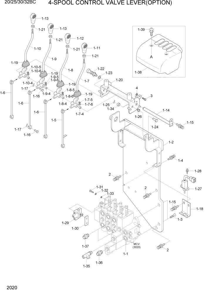 Схема запчастей Hyundai 20BC-7 - PAGE 2020 4-SPOOL CONTROL VALVE LEVER(OPTION) ГИДРАВЛИЧЕСКАЯ СИСТЕМА