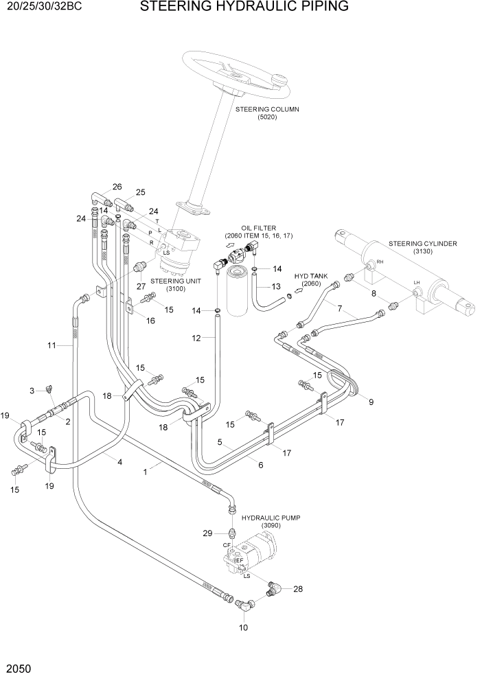 Схема запчастей Hyundai 20BC-7 - PAGE 2050 STEERING HYDRAULIC PIPING ГИДРАВЛИЧЕСКАЯ СИСТЕМА