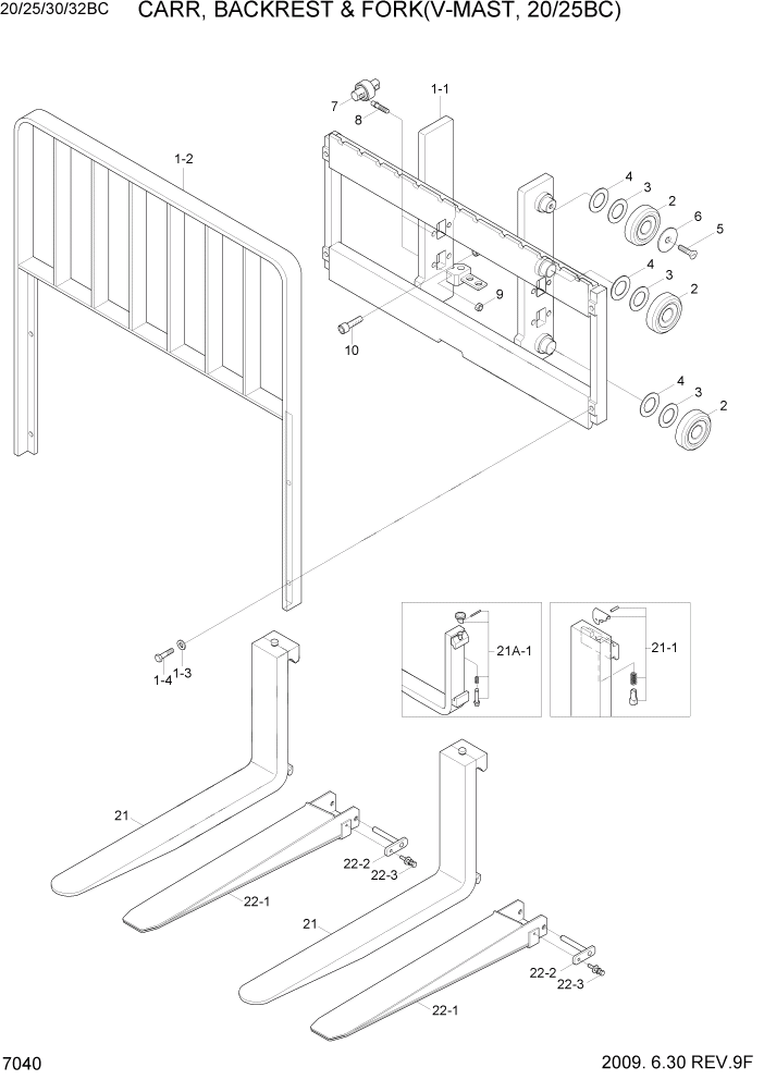 Схема запчастей Hyundai 20BC-7 - PAGE 7040 CARR, BACKREST & FORK(V-MAST,20/25/BC) РАБОЧЕЕ ОБОРУДОВАНИЕ