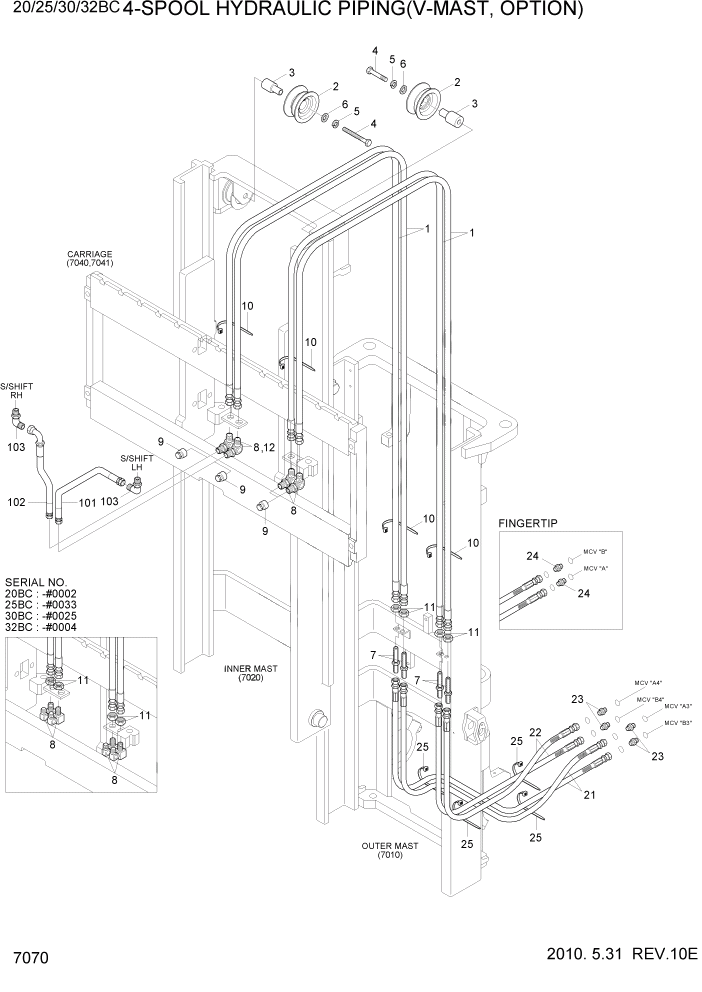 Схема запчастей Hyundai 20BC-7 - PAGE 7070 4-SPOOL HYDRAULIC PIPING(V-MAST,OPTION) РАБОЧЕЕ ОБОРУДОВАНИЕ