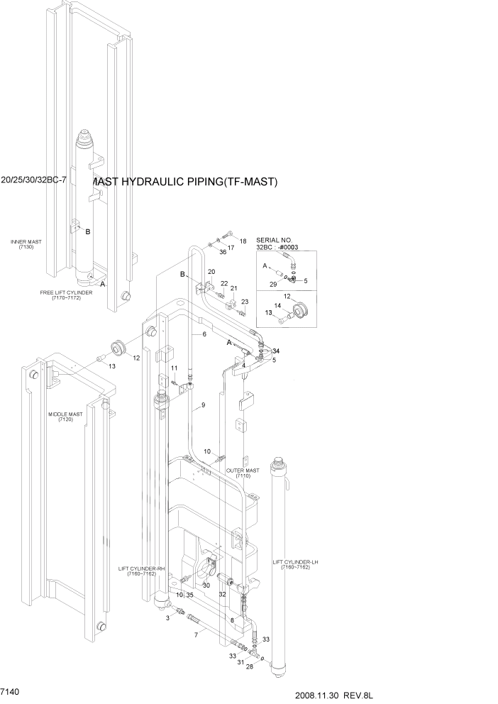 Схема запчастей Hyundai 20BC-7 - PAGE 7140 MAST HYDRAULIC PIPING(TF-MAST) РАБОЧЕЕ ОБОРУДОВАНИЕ