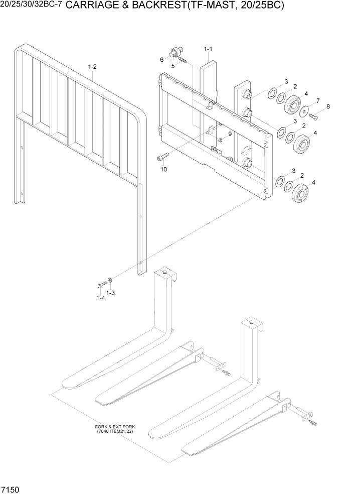 Схема запчастей Hyundai 20BC-7 - PAGE 7150 CARR, BACKREST & FORK(TF-MAST, 20/25BC) РАБОЧЕЕ ОБОРУДОВАНИЕ