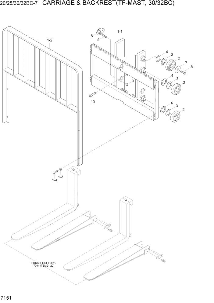 Схема запчастей Hyundai 20BC-7 - PAGE 7151 CARR, BACKREST & FORK(TF-MAST, 30/32BC) РАБОЧЕЕ ОБОРУДОВАНИЕ