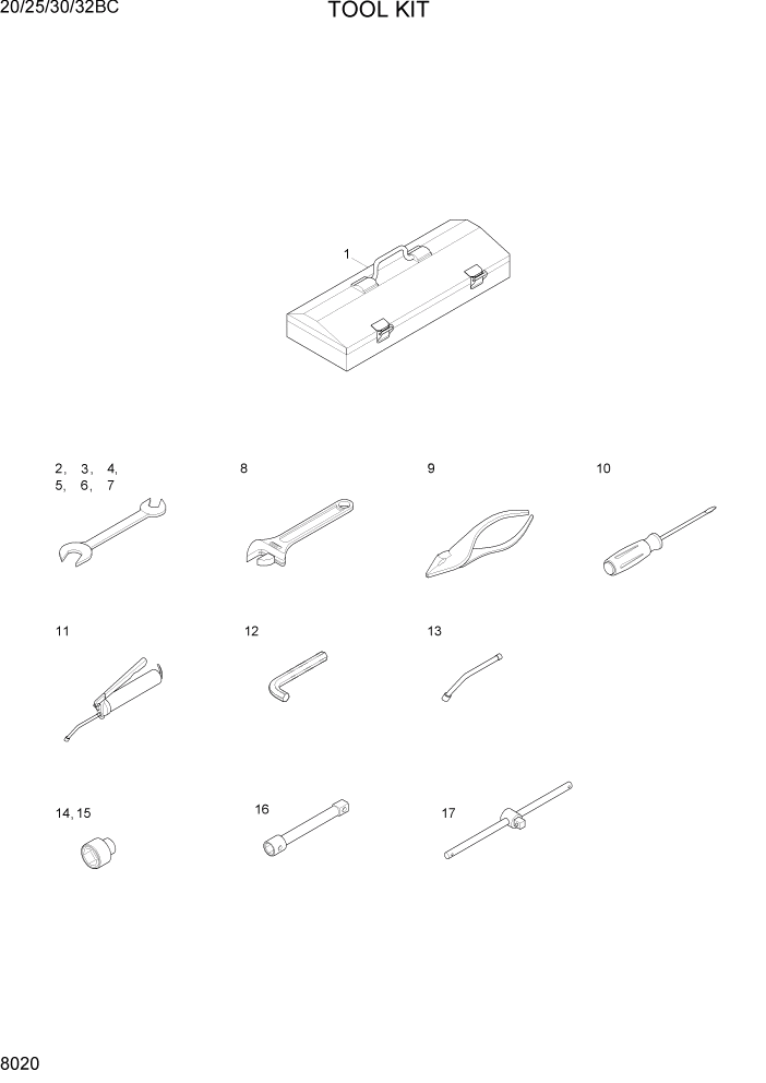 Схема запчастей Hyundai 20BC-7 - PAGE 8020 TOOL KIT РУКОВОДСТВА И НАКЛЕЙКИ