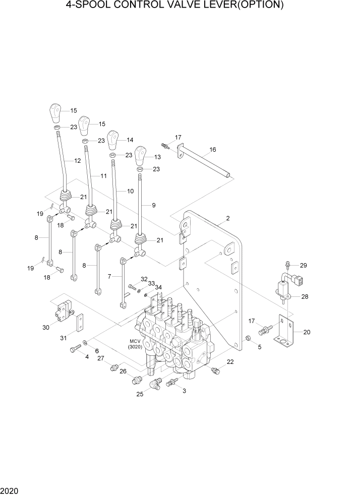 Схема запчастей Hyundai 20/25/30BH-7 - PAGE 2020 4-SPOOL CONTROL VALVE LEVER(OPTION) ГИДРАВЛИЧЕСКАЯ СИСТЕМА