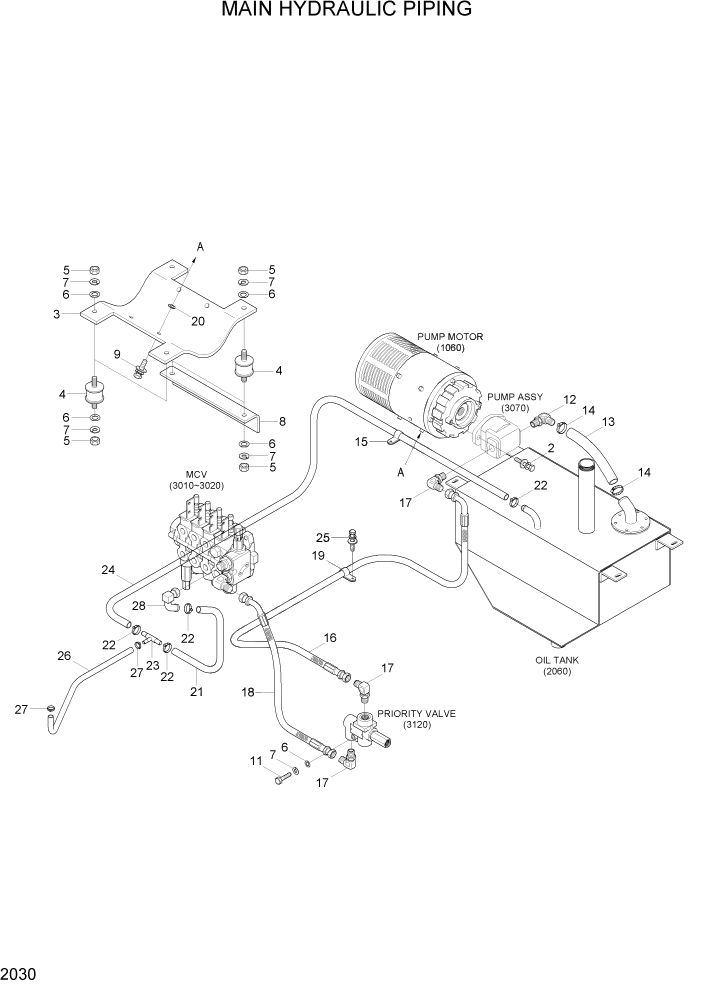 Схема запчастей Hyundai 20/25/30BH-7 - PAGE 2030 MAIN HYDRAULIC PIPING ГИДРАВЛИЧЕСКАЯ СИСТЕМА