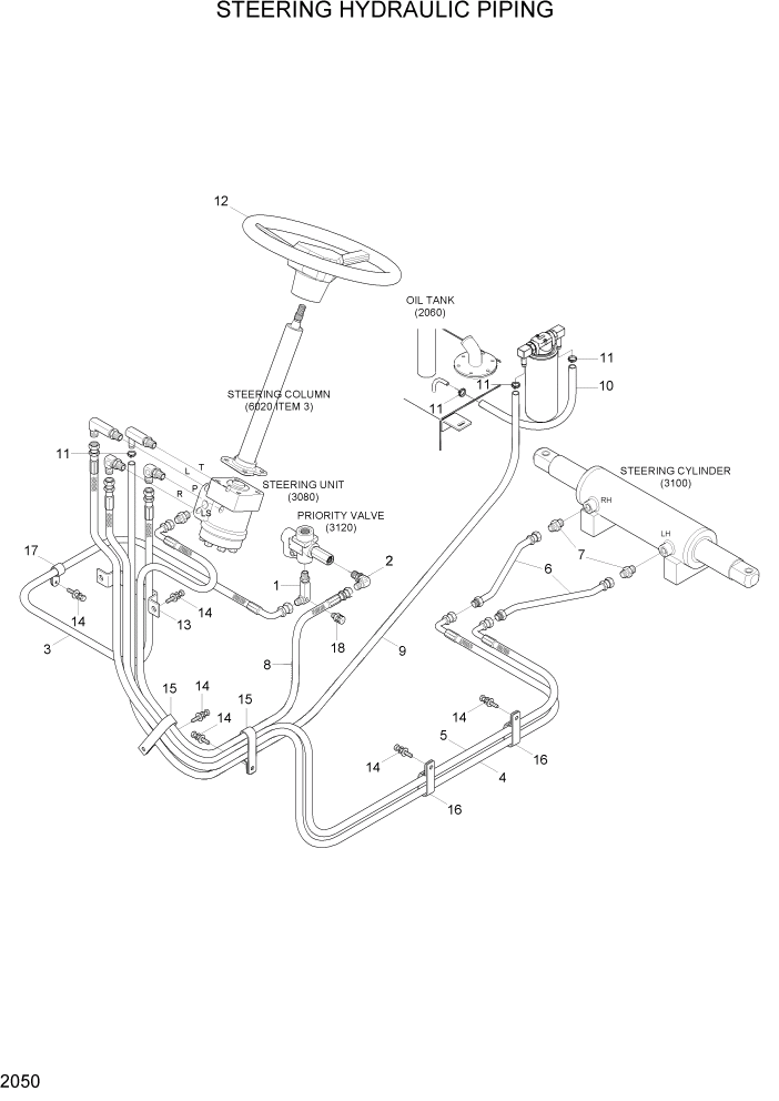 Схема запчастей Hyundai 20/25/30BH-7 - PAGE 2050 STEERING HYDRAULIC PIPING ГИДРАВЛИЧЕСКАЯ СИСТЕМА